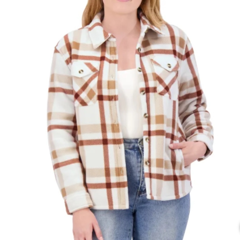 Plaid Button-Up Shacket in White and Brown
